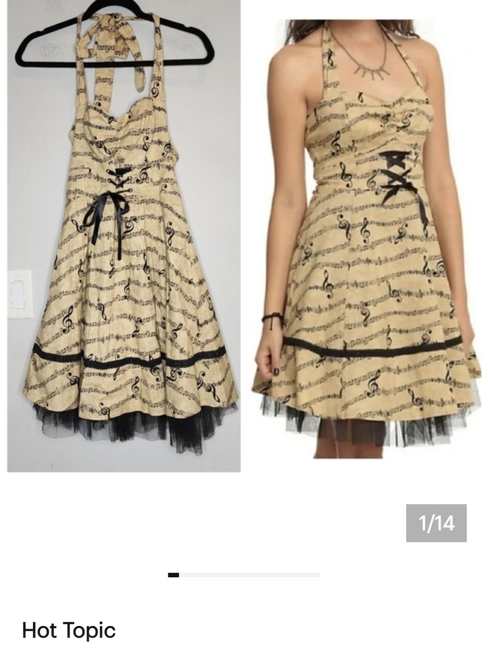 Hot Topic Cream Halter Dress with Black Music-Print Accents